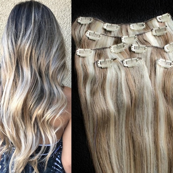 18" 100% Clip in Human Hair Extensions 7Pcs,14 clips # 8/613